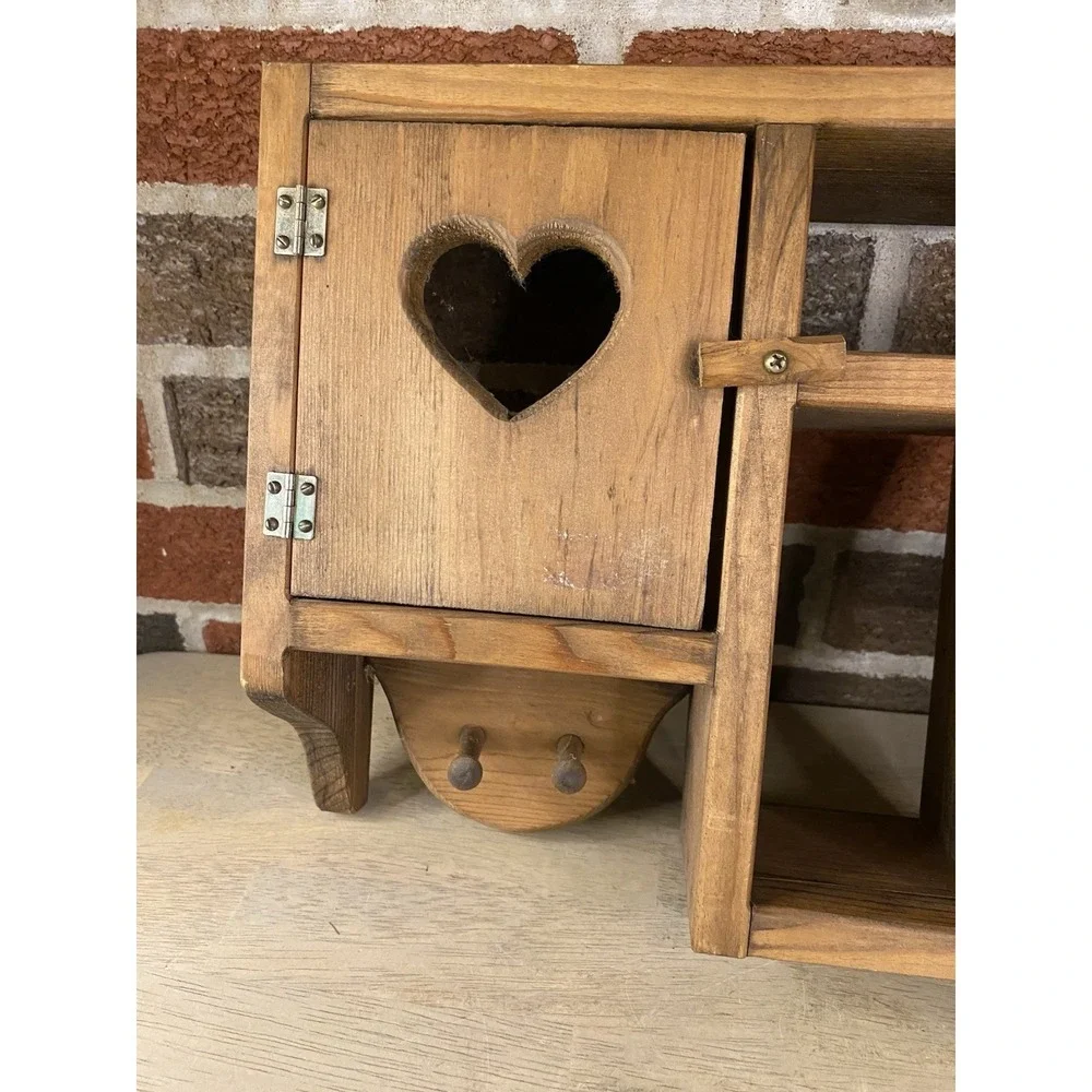 Vtg Wood Wall Shelf Curio Shadow Box Heart Dividers Display Country Cottage Core